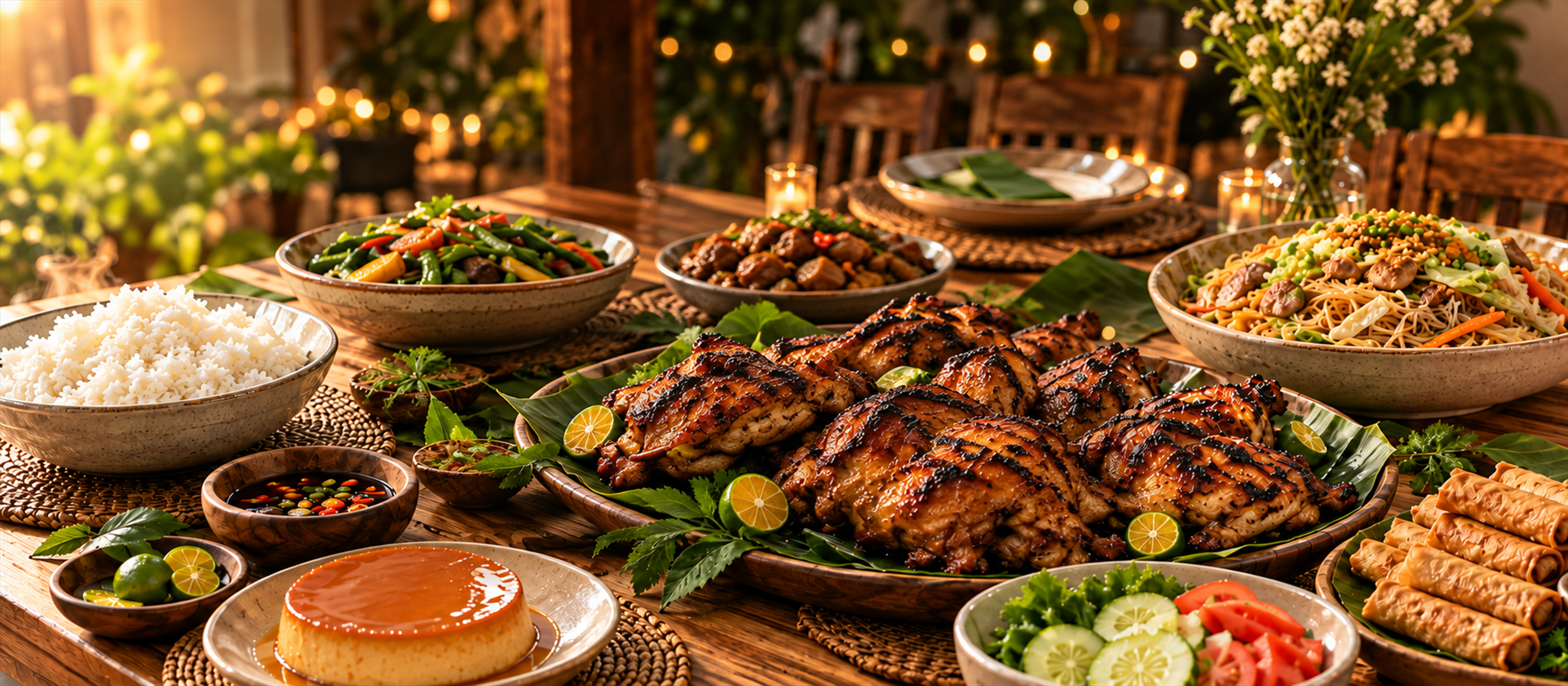 A warmly lit Filipino gathering table with grilled chicken, rice, pancit, lumpia, vegetables, salad, sauces, and leche flan