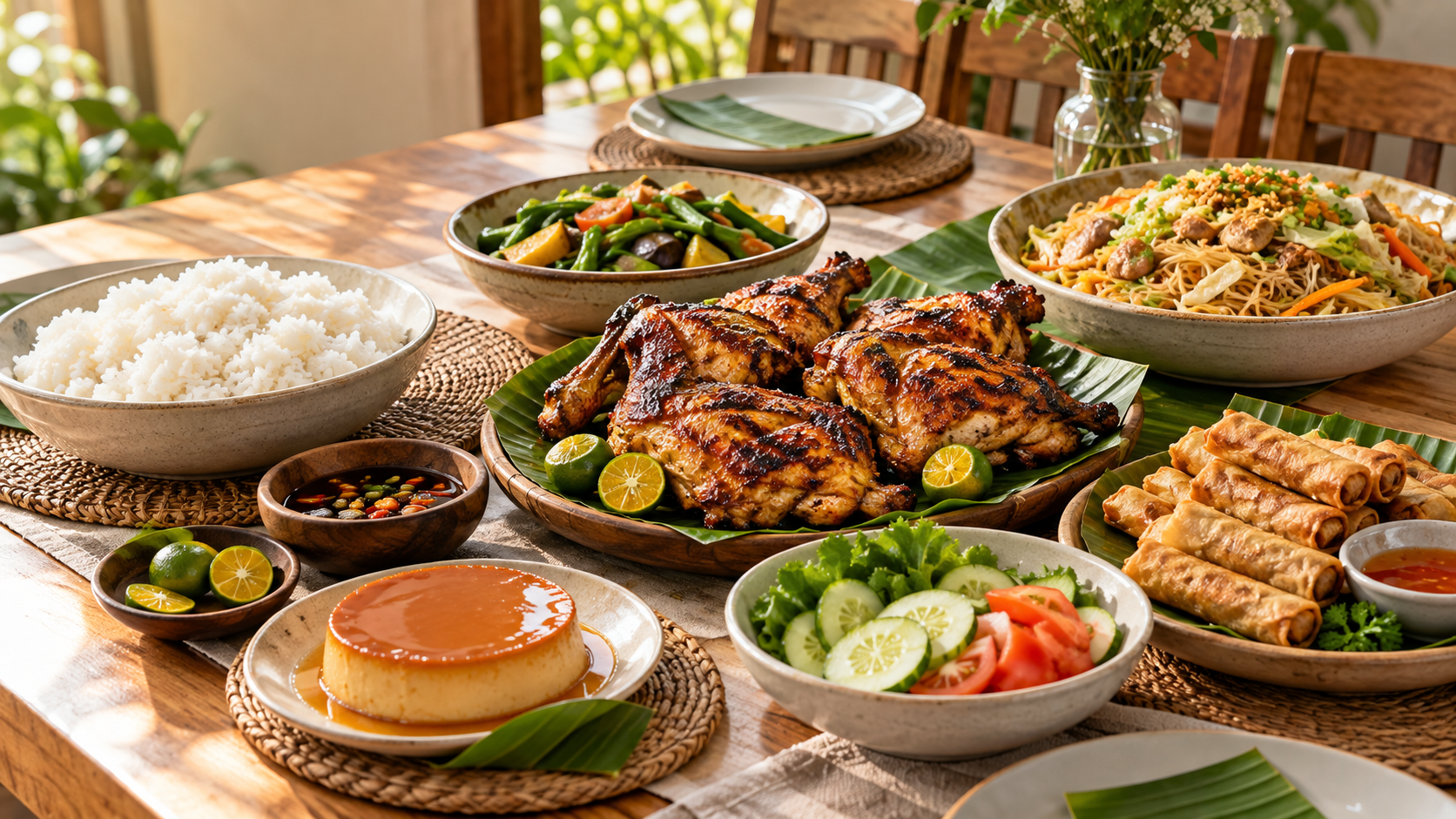 A Filipino sharing table with grilled chicken, noodles, lumpia, vegetables, rice, and leche flan